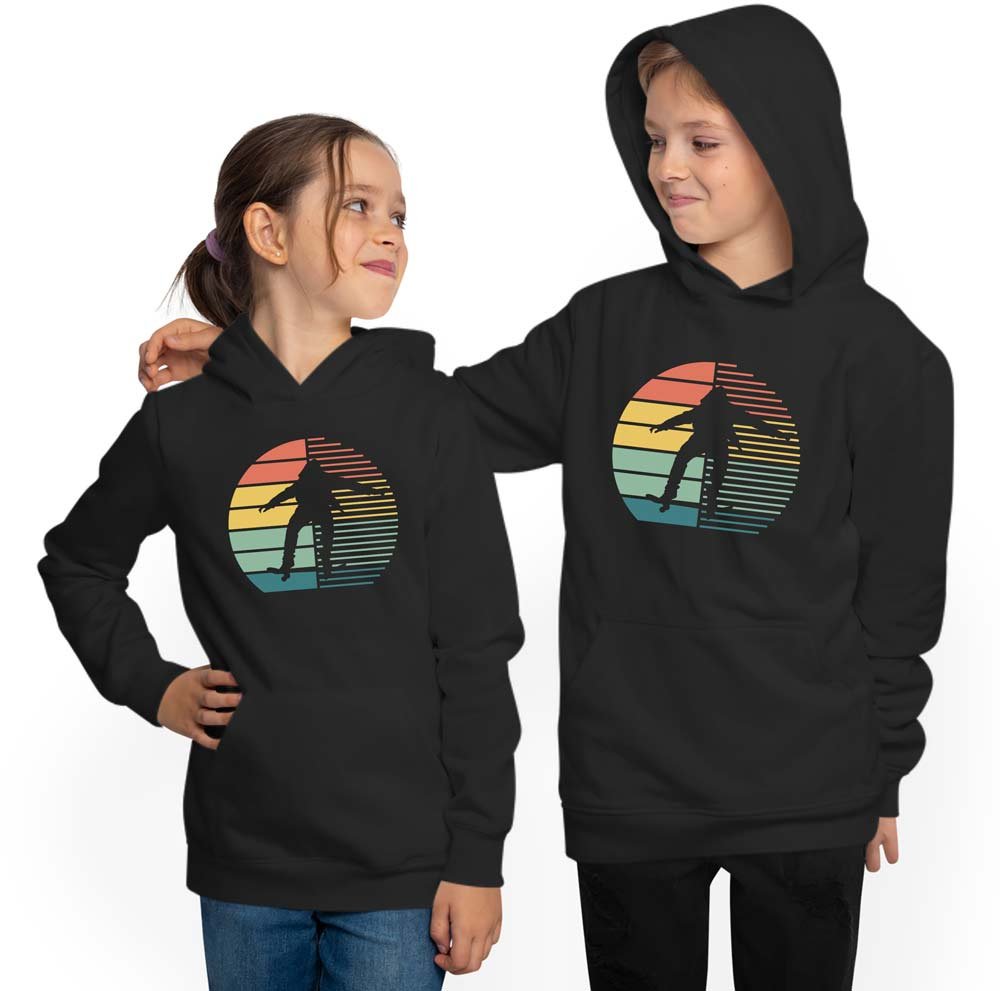 Skater Hoodie Kids Hooded Sweater - Retro Jumping Skateboarder i540